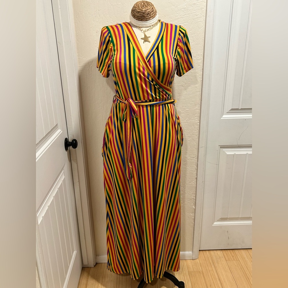 Bright Multicolor Stripe Wrap Maxi Dress with Tie Waist